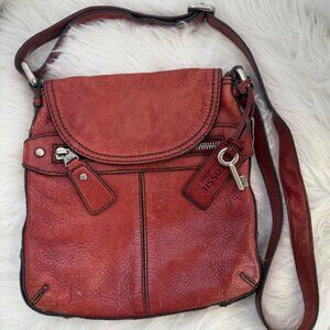 Fossil Red Leather Crossbody Bag | Adjustable Strap | Everyday Casual